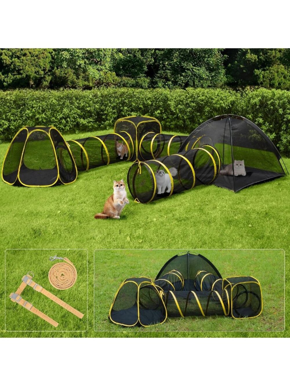 6-in-1 Outdoor Cat Enclosure with Playhouse, Tents & Tunnels for Fun Playtime